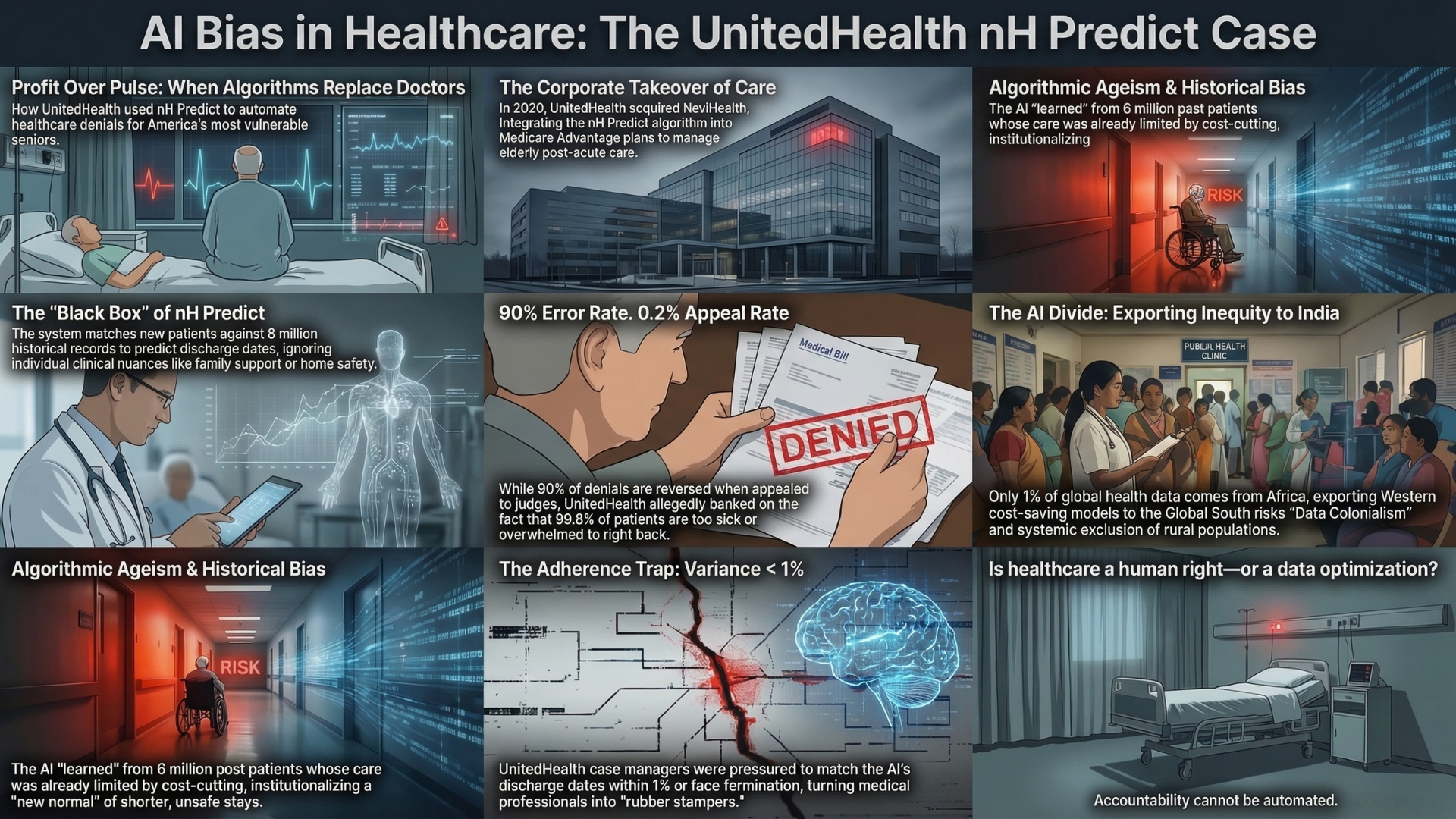 Infographic summarizing the United Health nh-predict algorithm bias in healthcare against Elderly patients